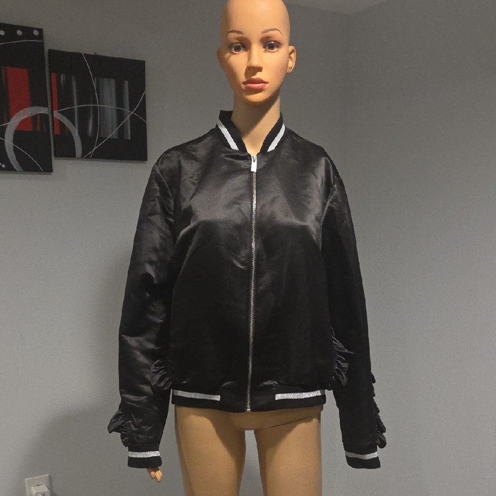 Rachael R Roy Shiny Black Bomber Jacket